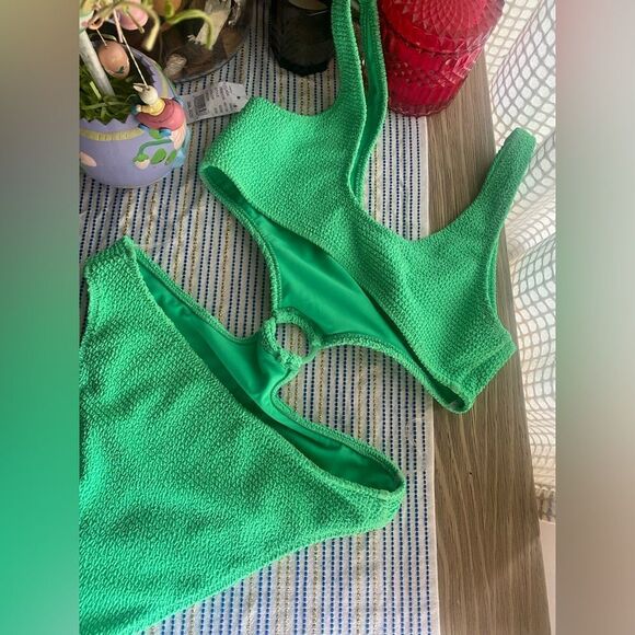 Pacsun La Hearts Small Neon Green Terry Cloth One Piece Halter Swimsuit Costume - Picture 6 of 8